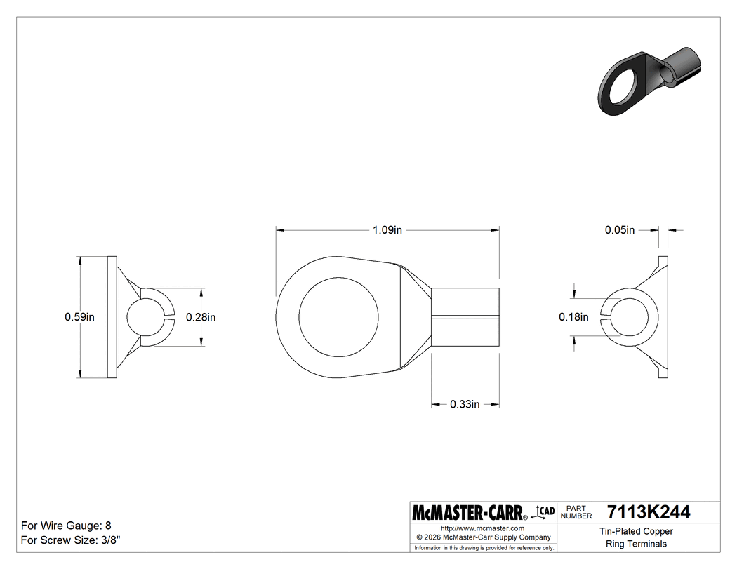 Technical Drawing of Tin-Plated Copper Ring Terminals, Noninsulated, for 8 Wire Gauge and 3/8" Screw Size.